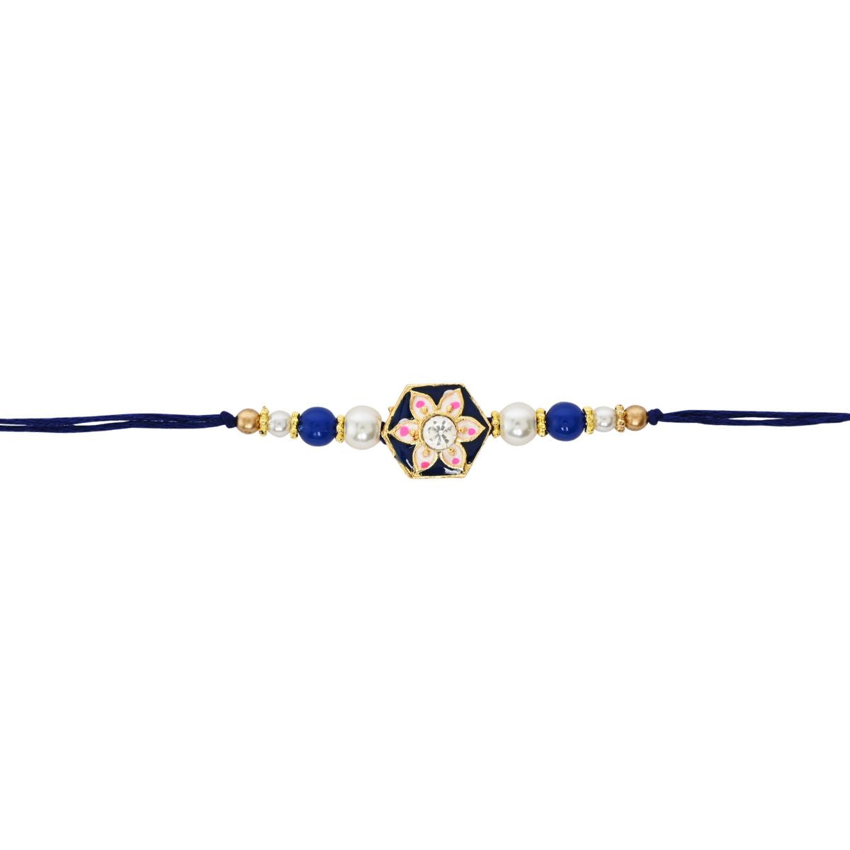 Delicate Pearl Beads Blue Rakhi with Roli Chawal & Rakshabandhan Card