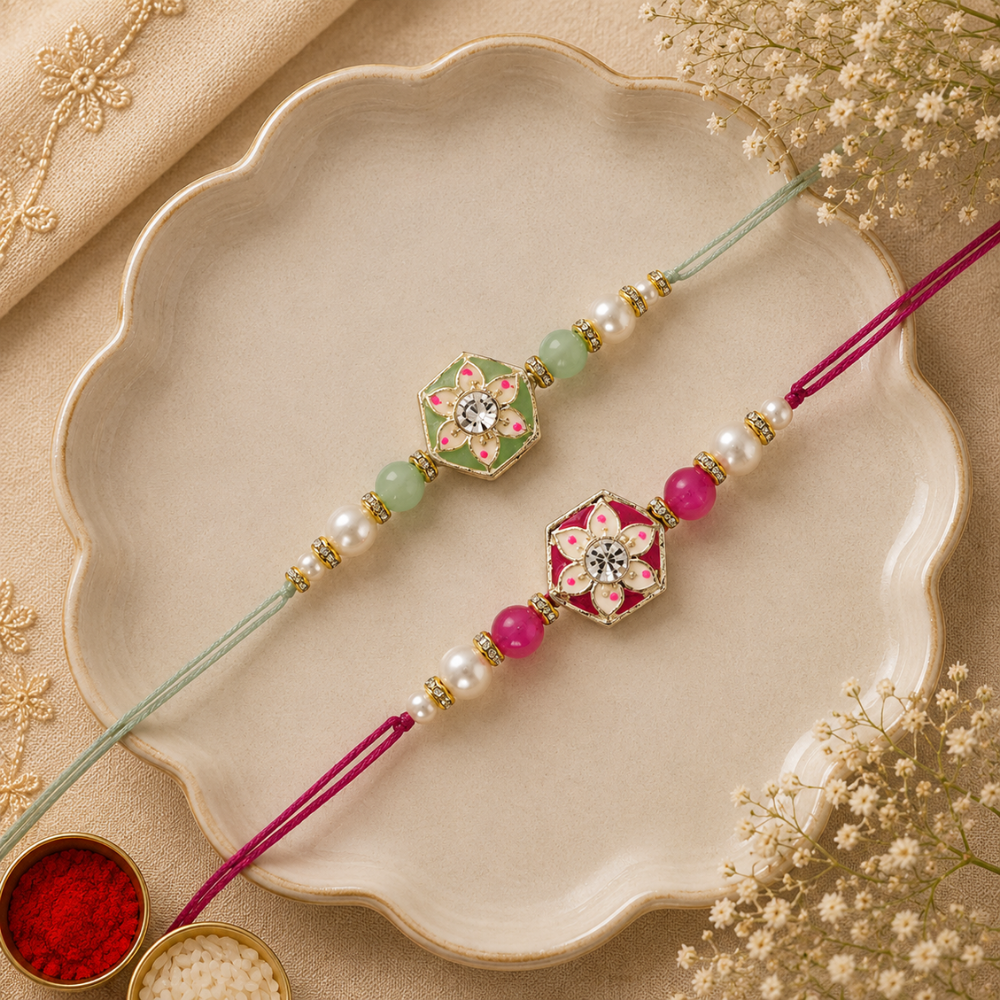 Elegance Kundan & Pearl Beads Rakhi with Roli Chawal & Card (Pack of 2)