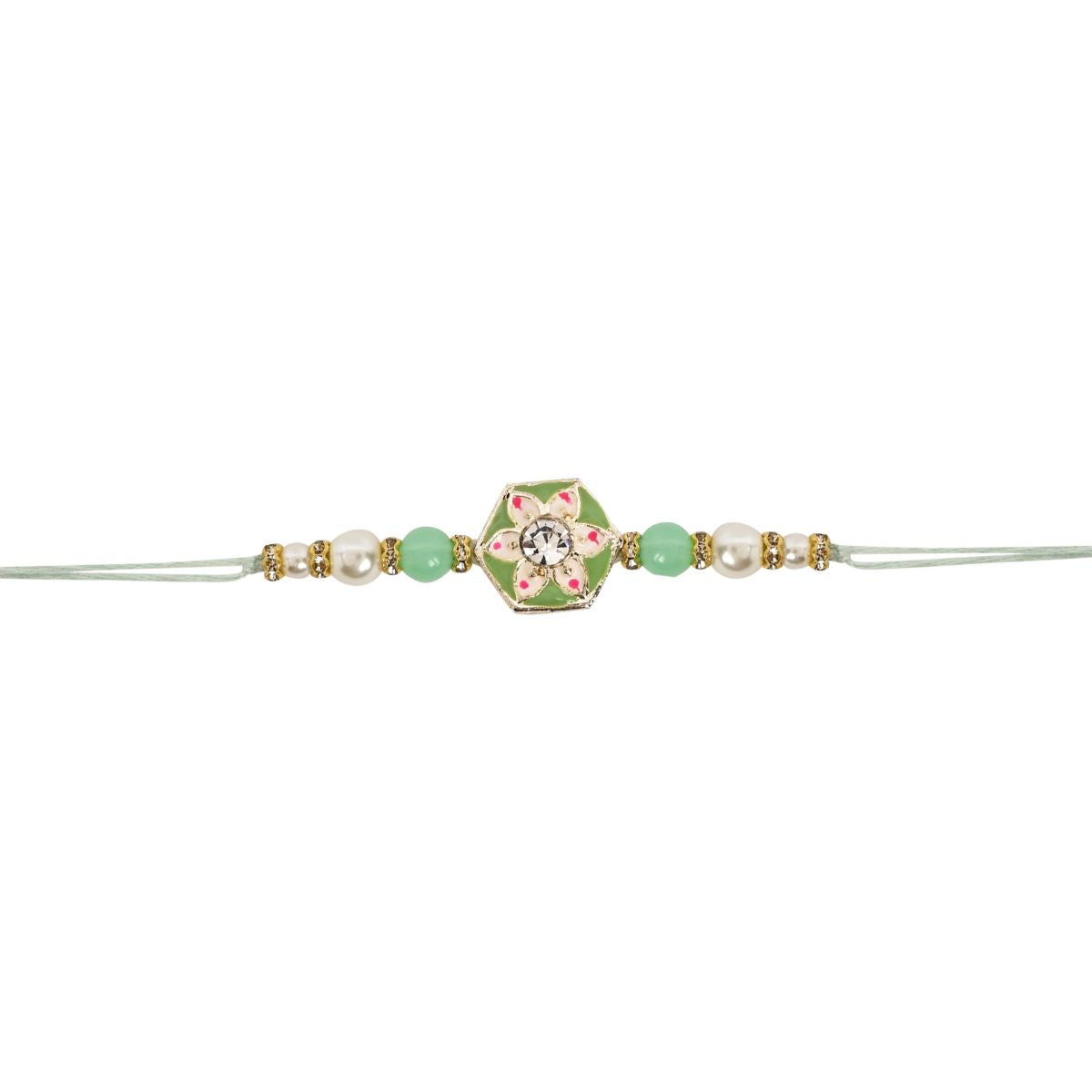 Delicate Pearl Beads Mint Rakhi with Roli Chawal & Rakshabandhan Card