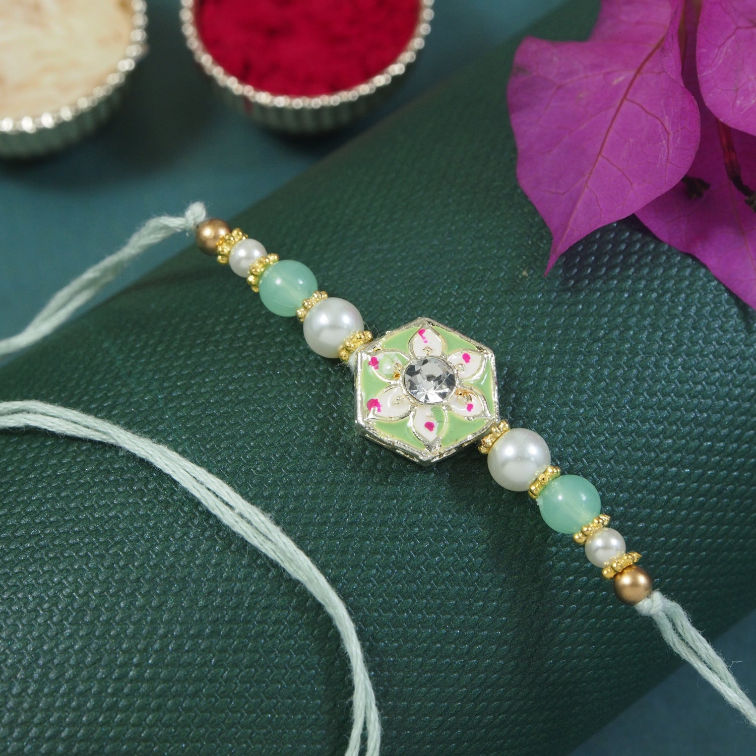 Delicate Pearl Beads Mint Rakhi with Roli Chawal & Rakshabandhan Card