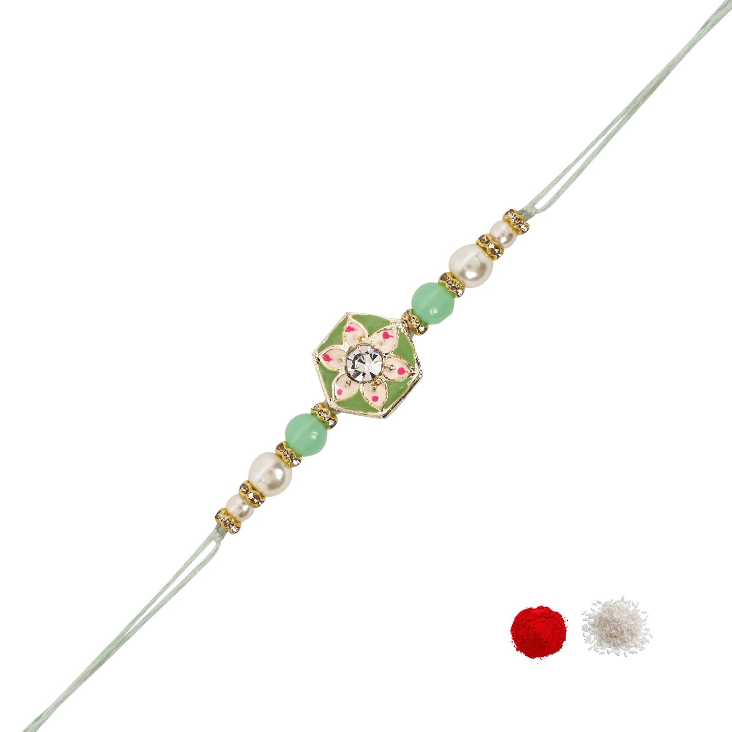 Delicate Pearl Beads Mint Rakhi with Roli Chawal & Rakshabandhan Card