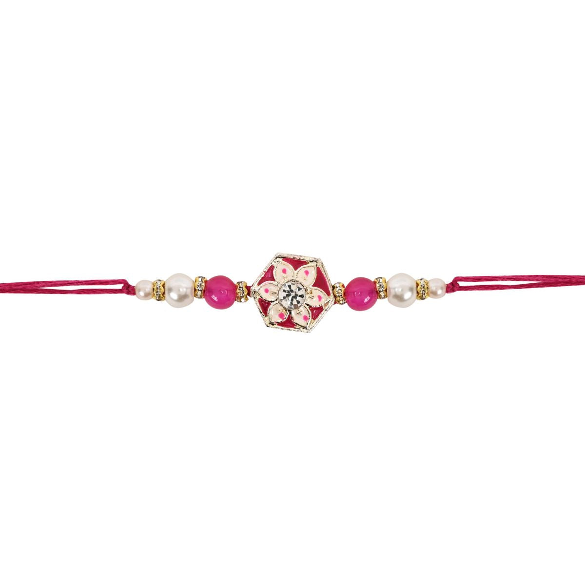 Delicate Pearl Beads Pink Rakhi with Roli Chawal & Rakshabandhan Card