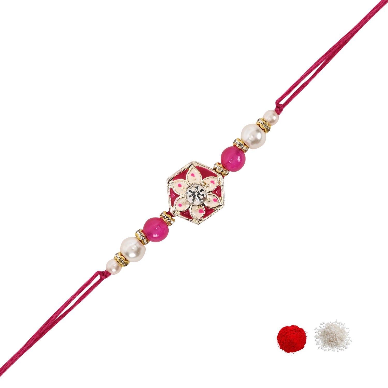 Delicate Pearl Beads Pink Rakhi with Roli Chawal & Rakshabandhan Card