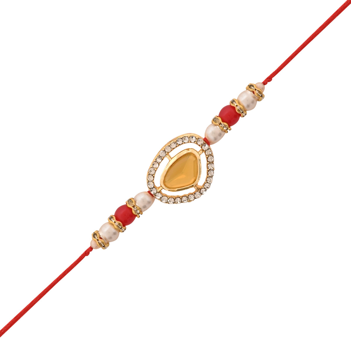 Yellow Pearl & Kundan Rakhi & Watch Charm Lumba (Watch Accesories) Combo With Roli Chawal & Rakshabandhan Card