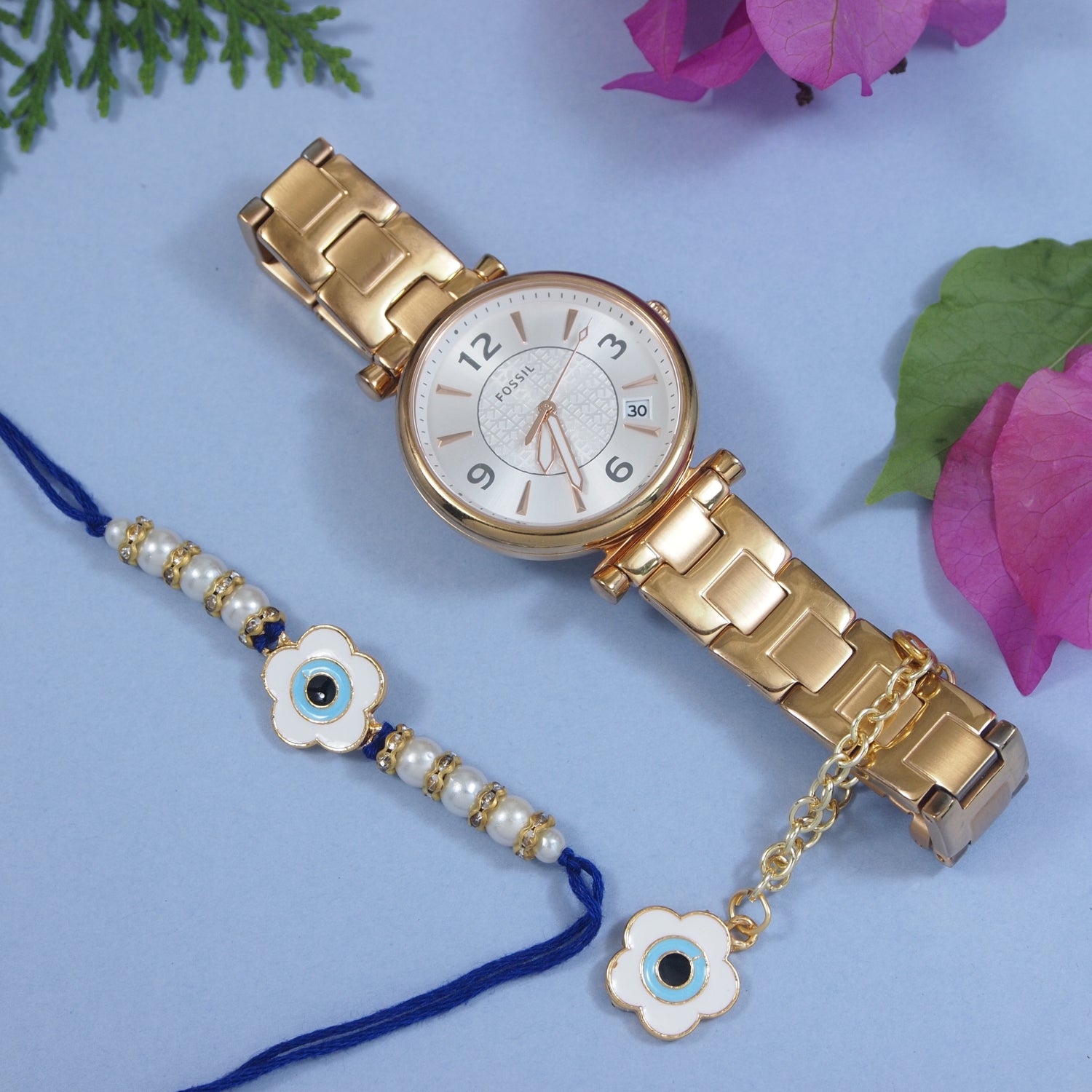 Floral Shape Evil Eye Rakhi & Watch Charm Lumba (Watch Accesories) Combo With Roli Chawal & Rakshabandhan Card