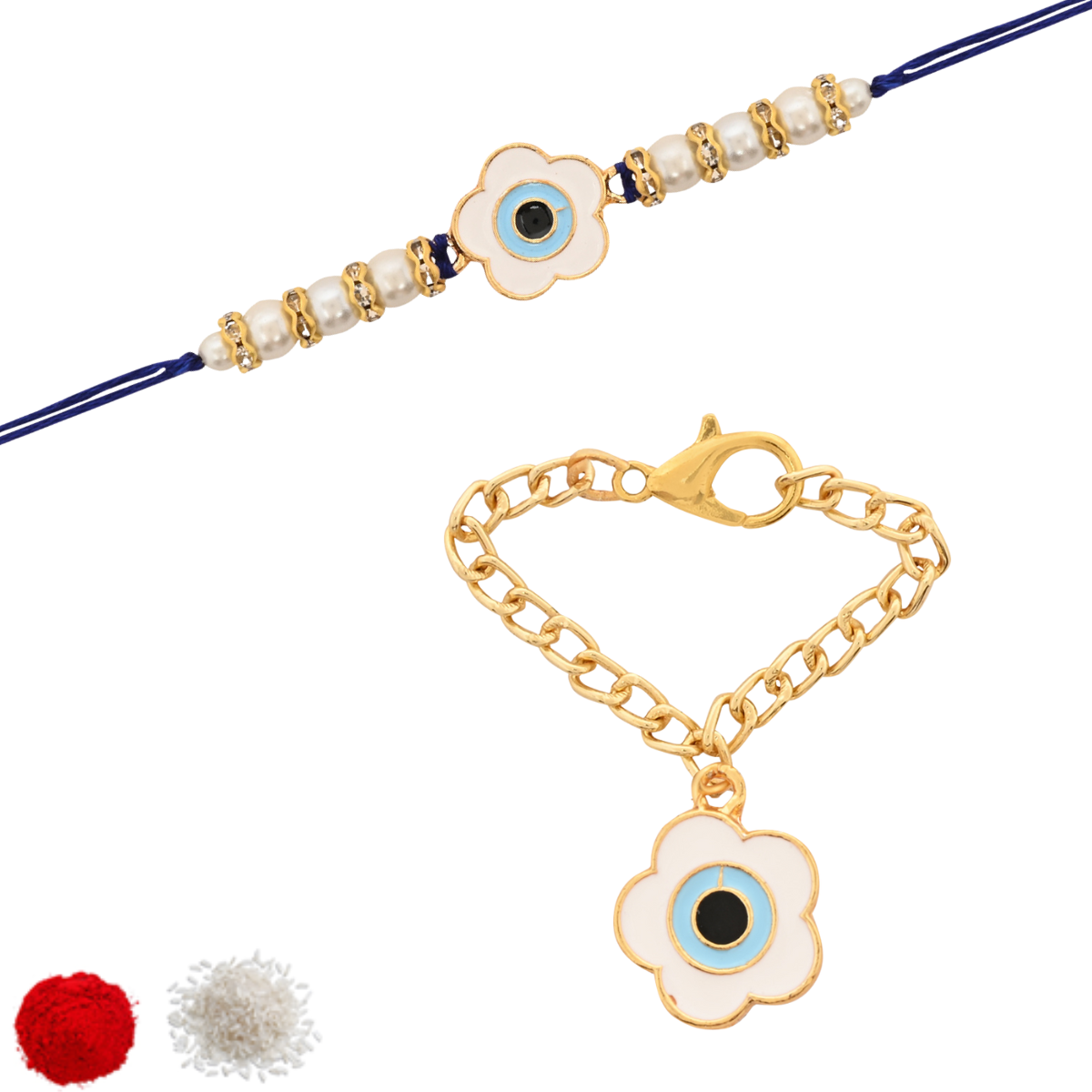 Floral Shape Evil Eye Rakhi & Watch Charm Lumba (Watch Accesories) Combo With Roli Chawal & Rakshabandhan Card