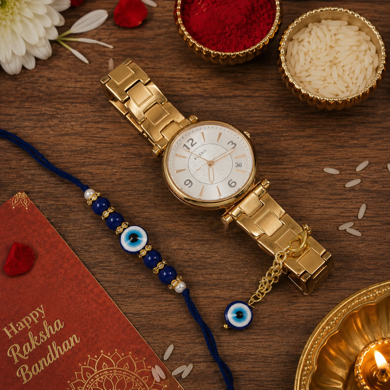 Round Shape Evil Eye Rakhi & Watch Charm Lumba (Watch Accesories) Combo With Roli Chawal & Rakshabandhan Card