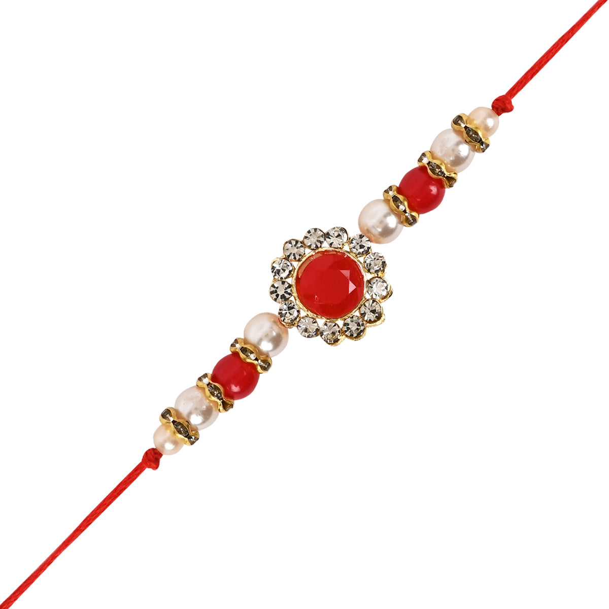 Red Pearl & Kundan Rakhi & Watch Charm Lumba (Watch Accesories) Combo With Roli Chawal & Rakshabandhan Card