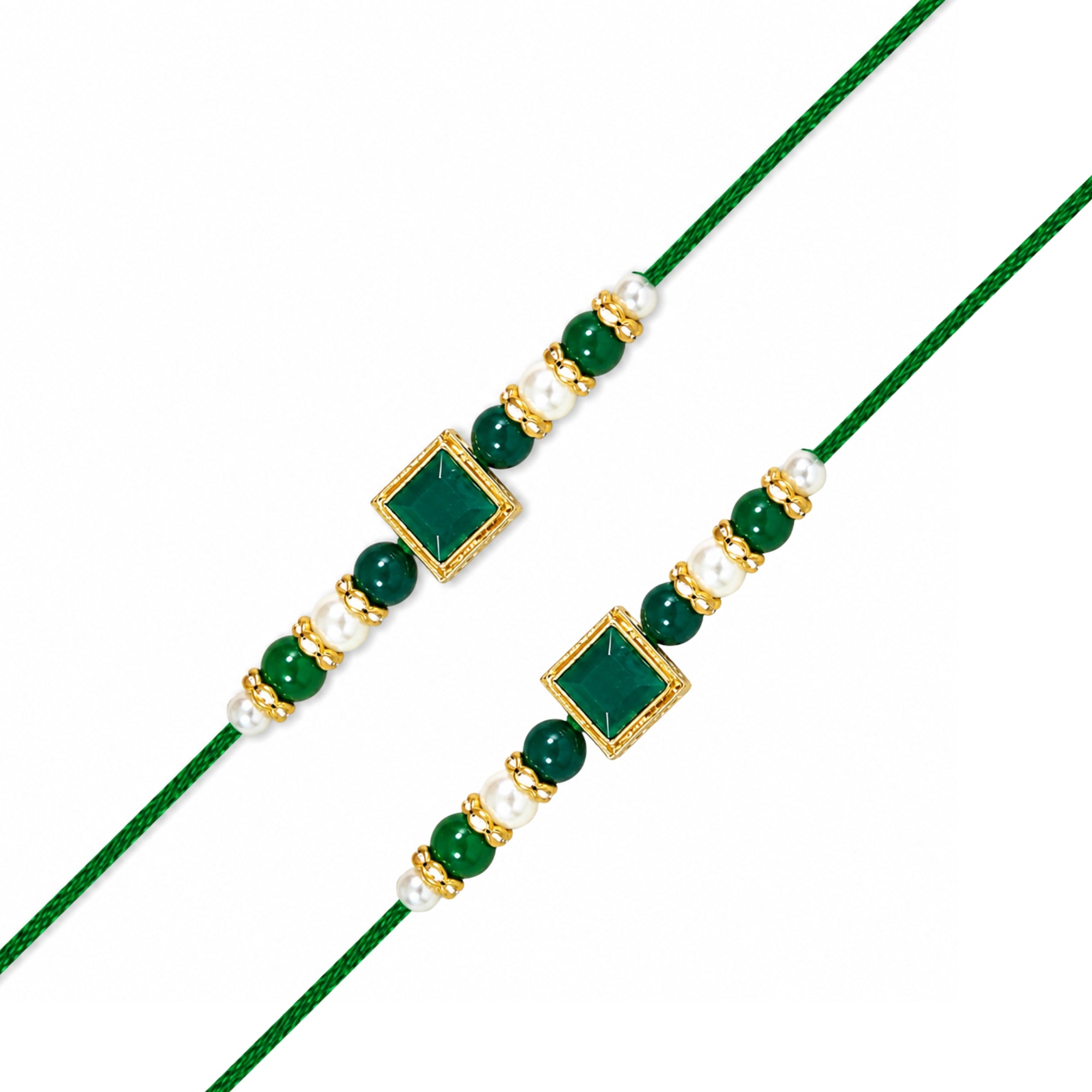 Delicate Pearl Beads Green Rakhi with Roli Chawal & Rakshabandhan Card (Pack of 2)