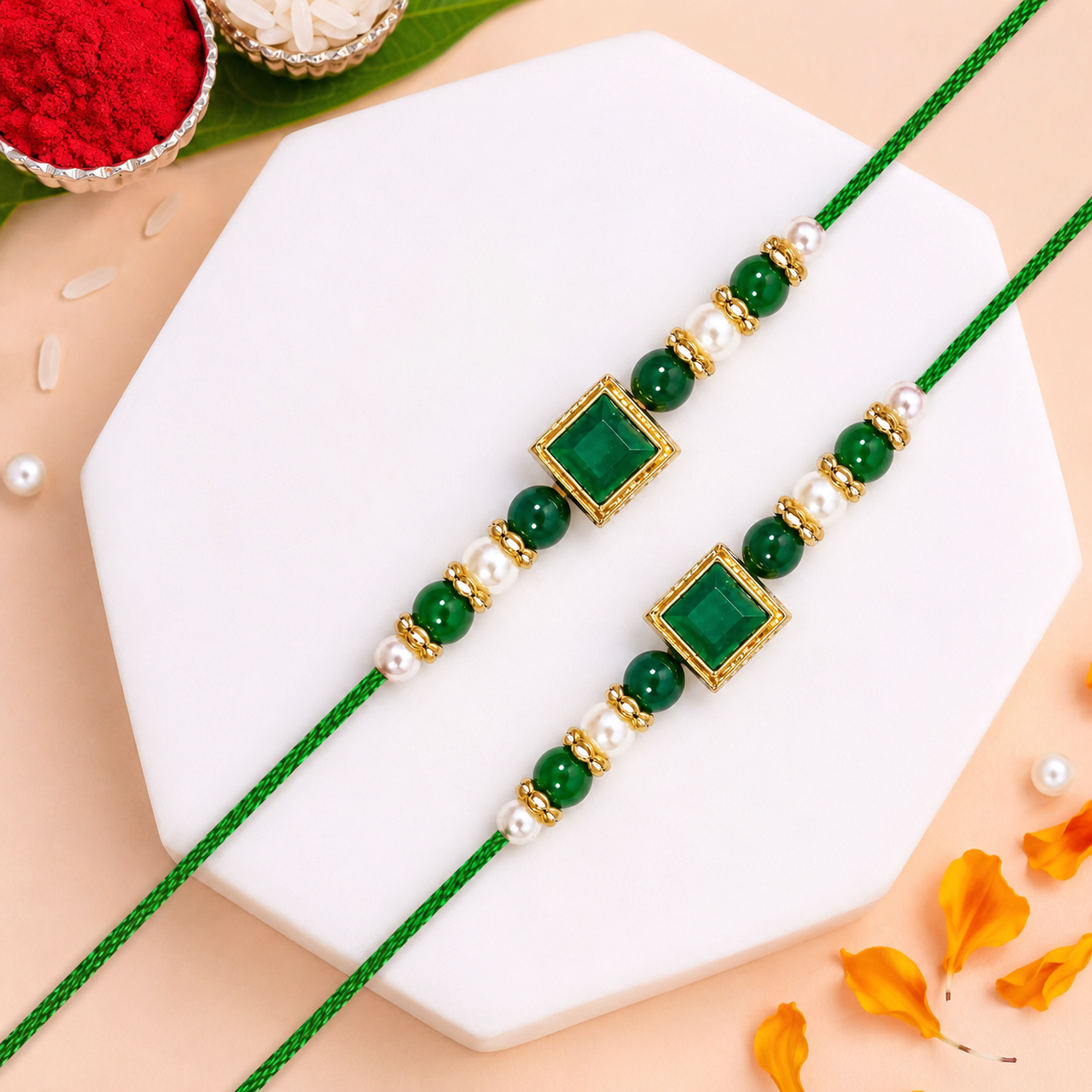 Delicate Pearl Beads Green Rakhi with Roli Chawal & Rakshabandhan Card (Pack of 2)