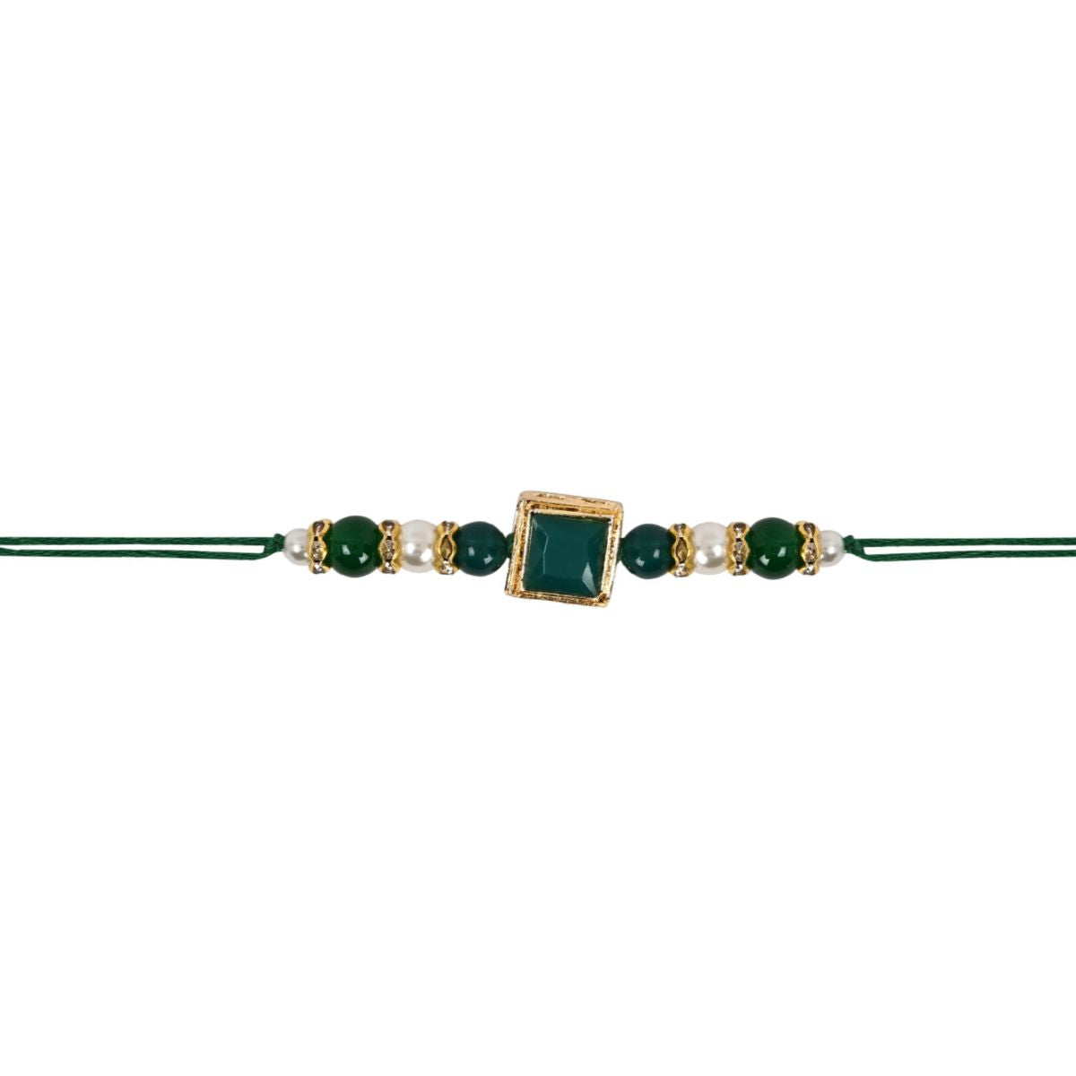 Delicate Pearl Beads Green Rakhi with Roli Chawal & Rakshabandhan Card