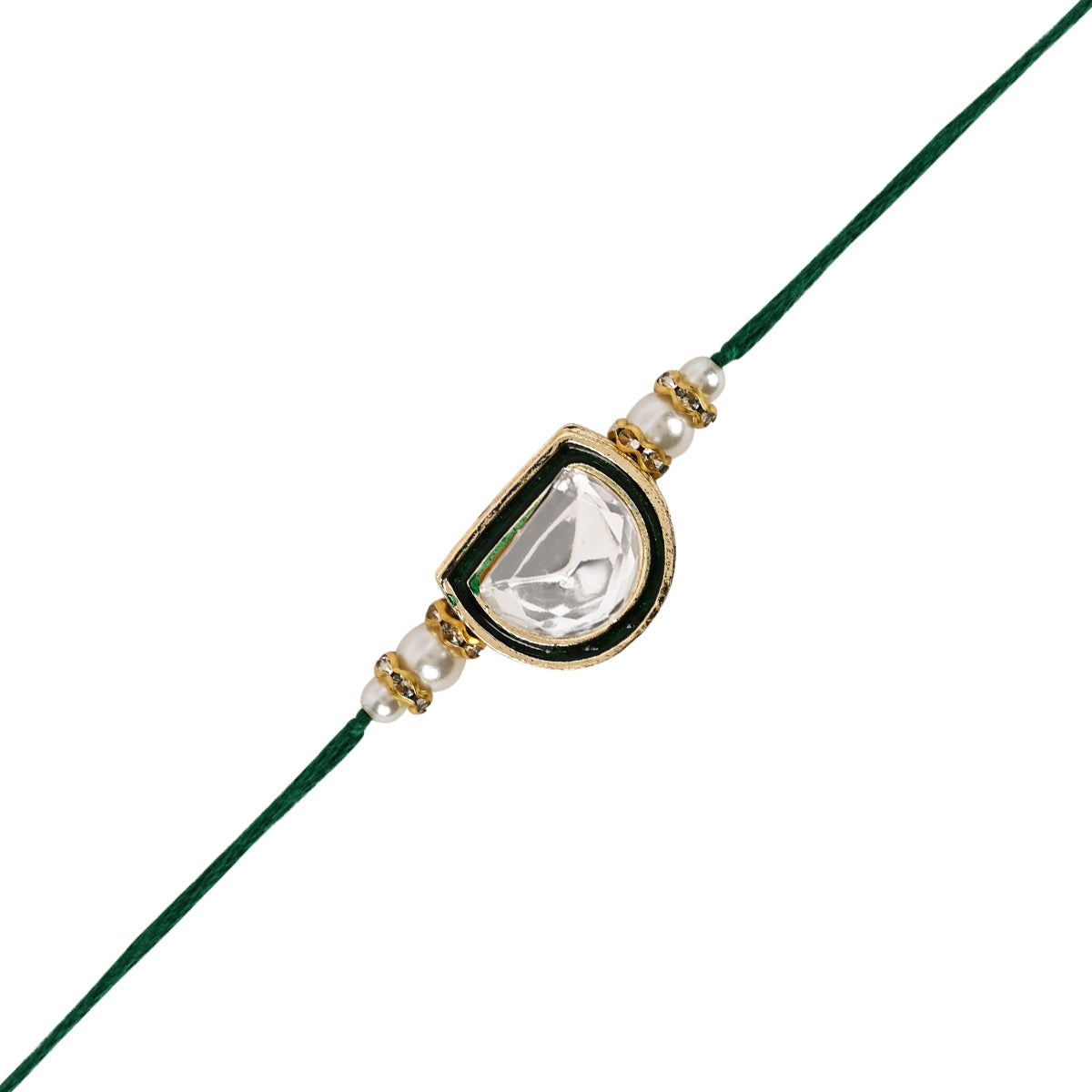 Green Pearl & Kundan Rakhi & Watch Charm Lumba (Watch Accesories) Combo With Roli Chawal & Rakshabandhan Card