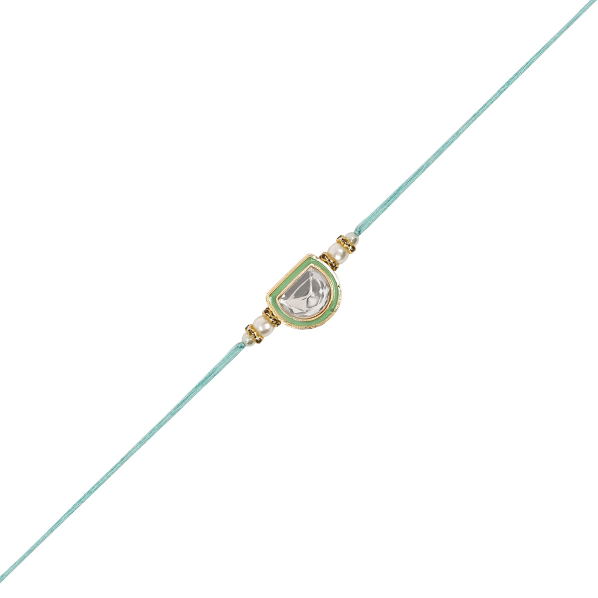 Mint Pearl & Kundan Rakhi & Watch Charm Lumba (Watch Accesories) Combo With Roli Chawal & Rakshabandhan Card
