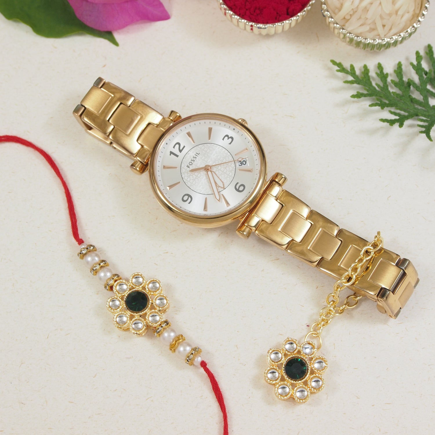 Green Pearl & Kundan Rakhi & Watch Charm Lumba (Watch Accesories) Combo With Roli Chawal & Rakshabandhan Card