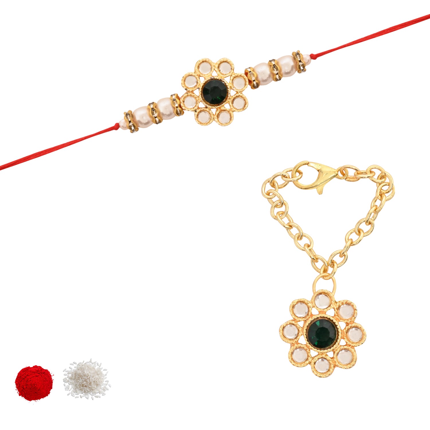 Green Pearl & Kundan Rakhi & Watch Charm Lumba (Watch Accesories) Combo With Roli Chawal & Rakshabandhan Card