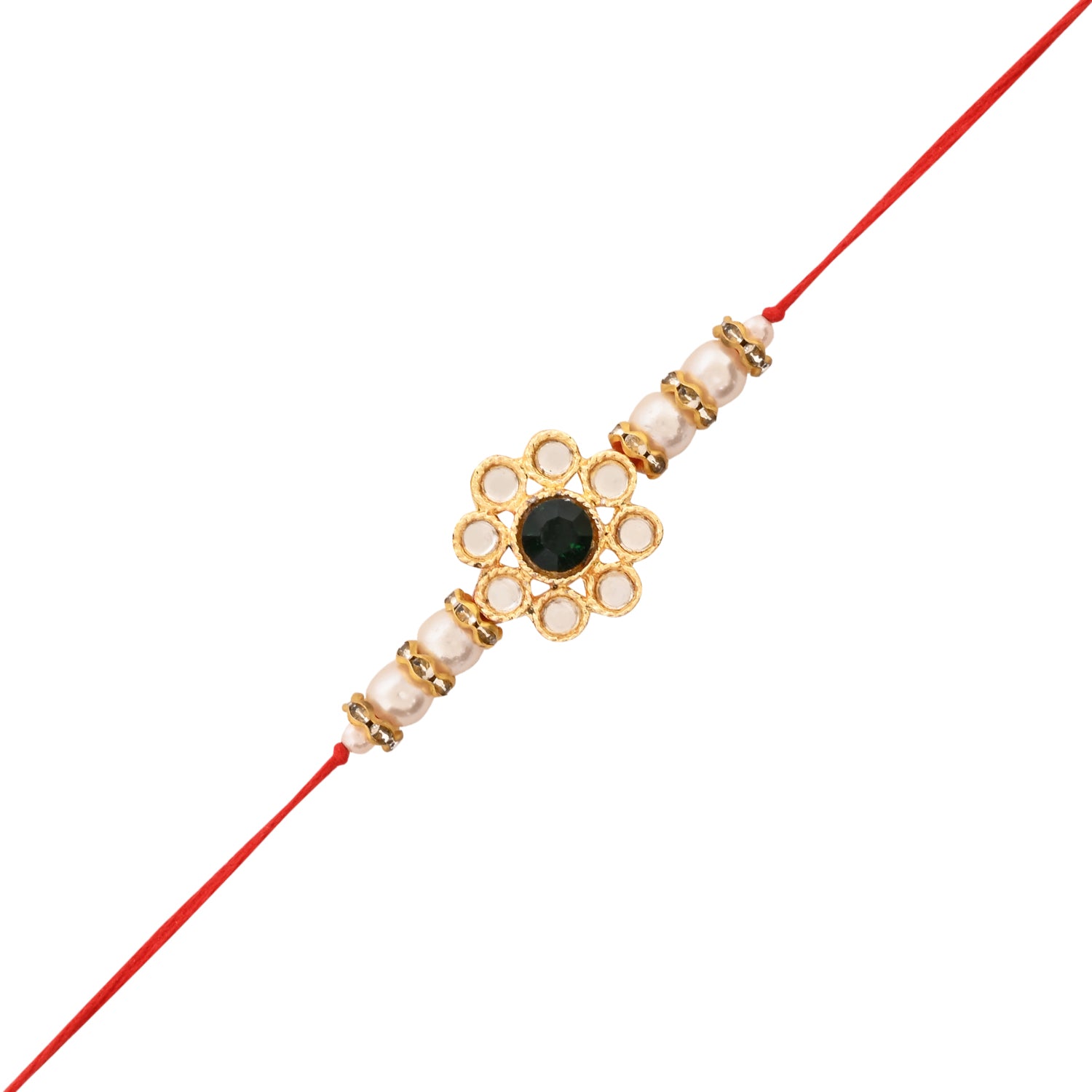 Green Pearl & Kundan Rakhi & Watch Charm Lumba (Watch Accesories) Combo With Roli Chawal & Rakshabandhan Card
