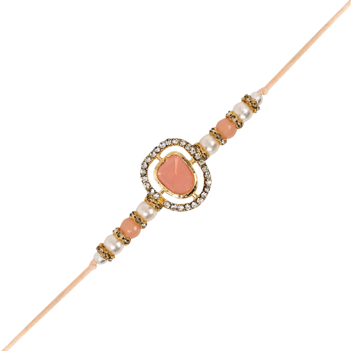 Peach Pearl & Kundan Rakhi & Watch Charm Lumba (Watch Accesories) Combo With Roli Chawal & Rakshabandhan Card