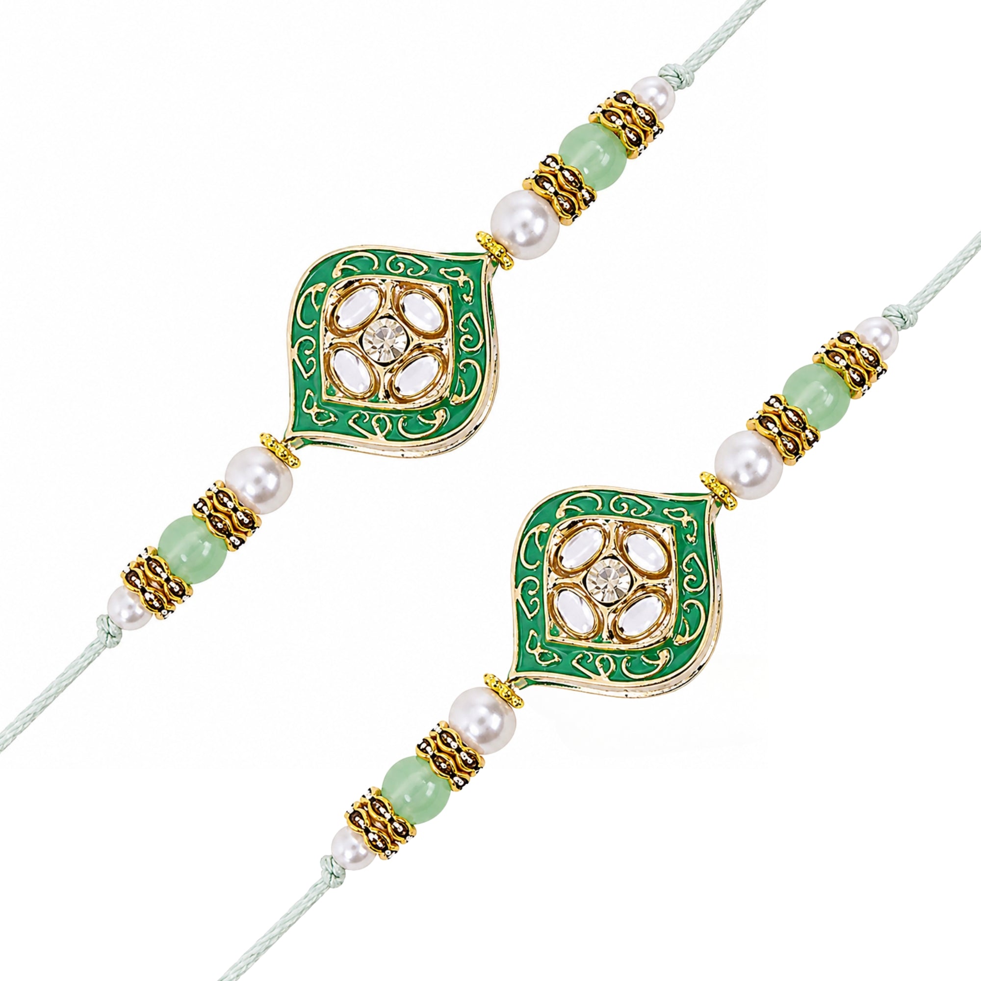 Delicate Pearl Beads Mint Rakhi with Roli Chawal & Rakshabandhan Card (Pack of 2)