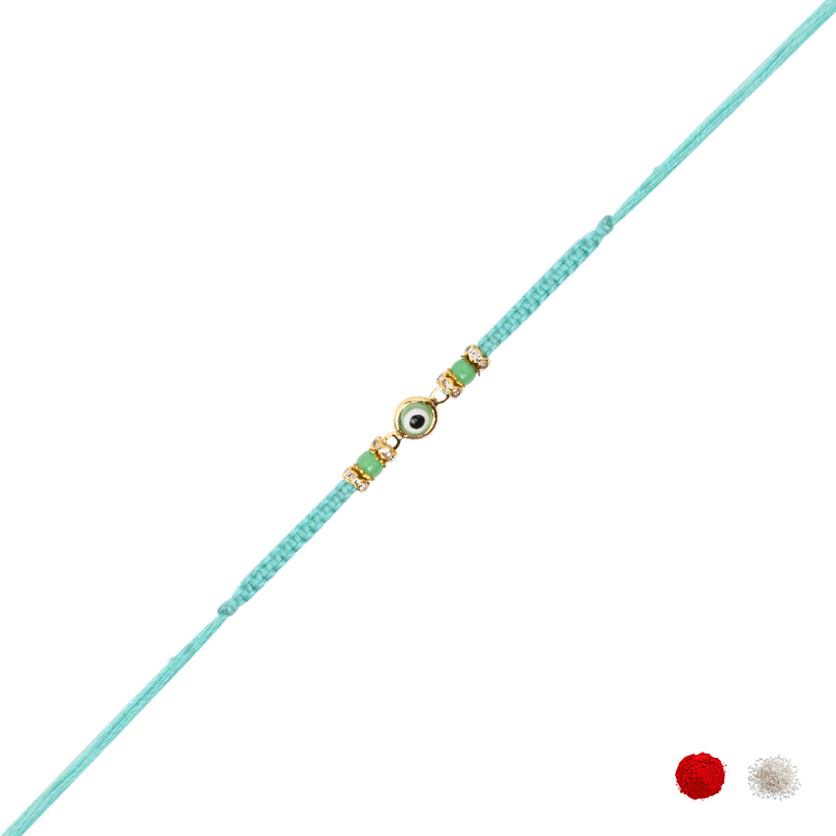Delicate Mint Enamel Evil Eye Rakhi with Roli Chawal & Rakshabandhan Card