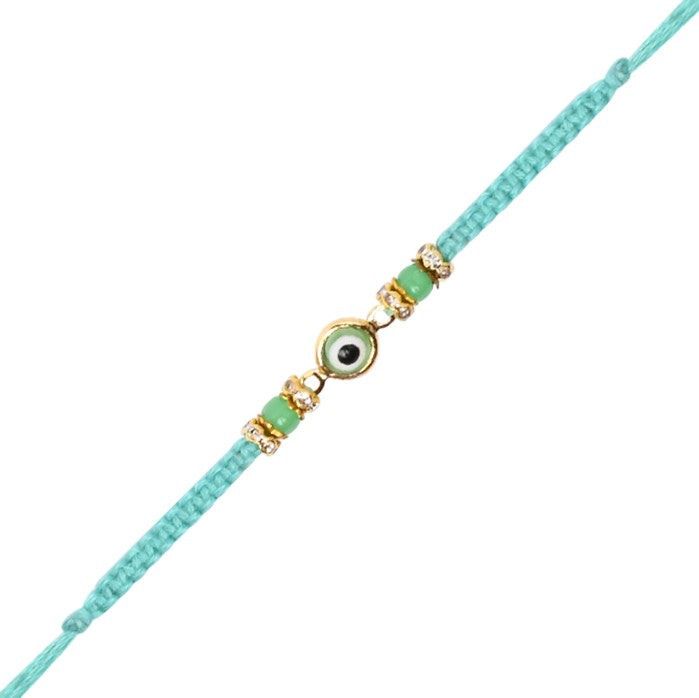 Delicate Mint Enamel Evil Eye Rakhi with Roli Chawal & Rakshabandhan Card