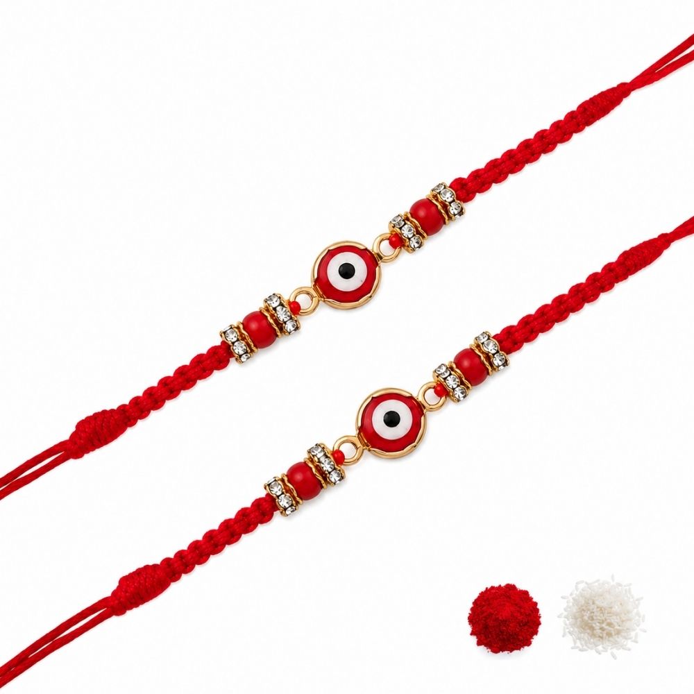 Minimalist Evil Eye Rakhis With Roli Chawal & Rakshabandhan Card (Pack of 2)