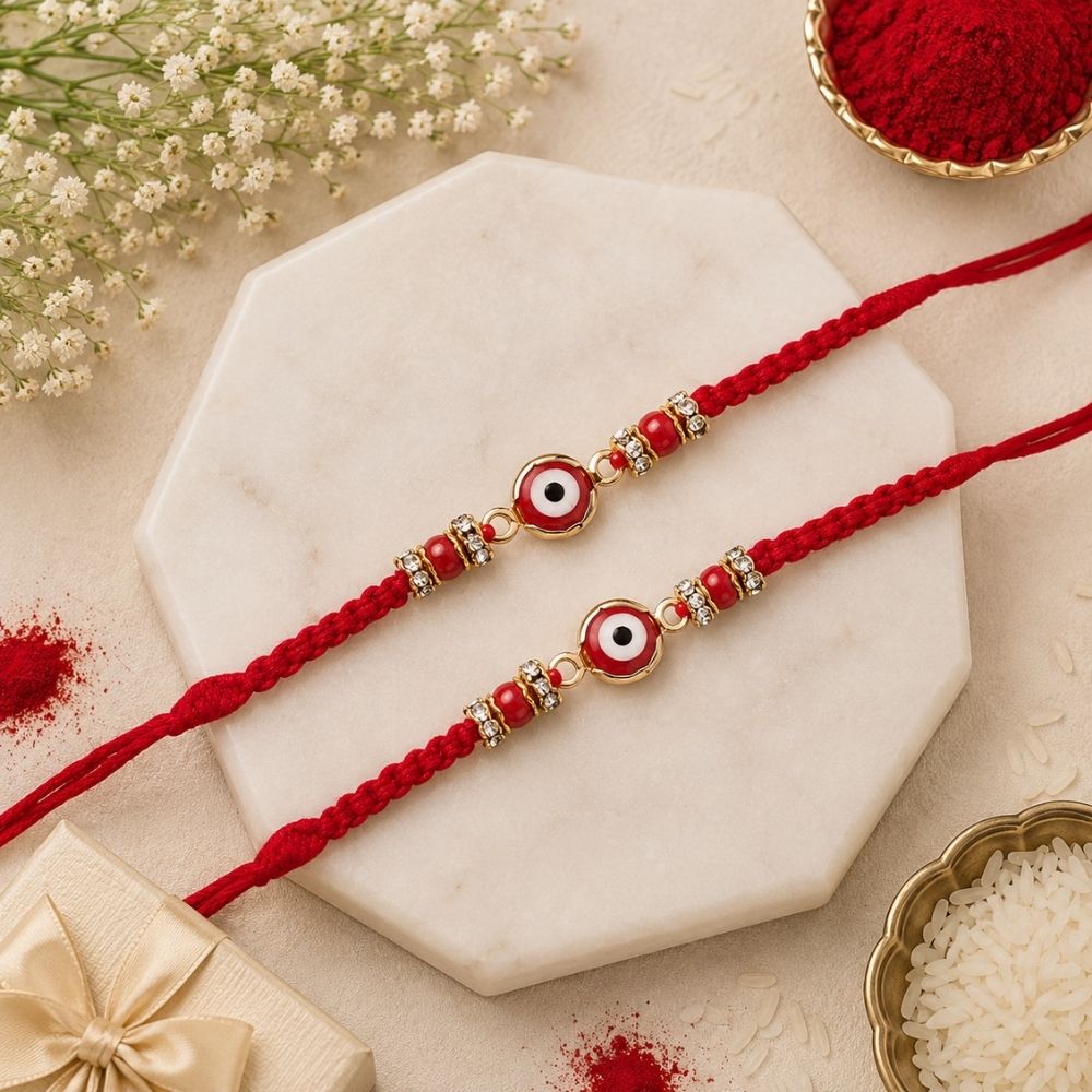 Minimalist Evil Eye Rakhis With Roli Chawal & Rakshabandhan Card (Pack of 2)