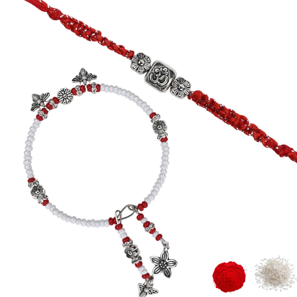 Elegant Bhaiya Bhabhi Red Pearl Lumba Bracelet & Rakhi With Roli Chawal & Card