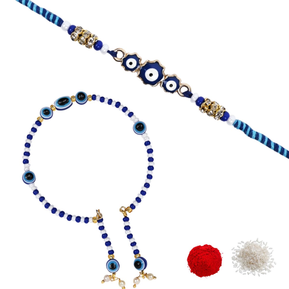 Elegant Bhaiya Bhabhi Blue Pearl Lumba Bracelet & Rakhi With Roli Chawal & Card