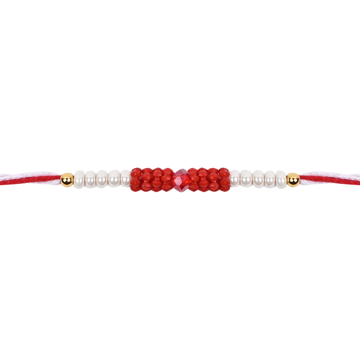 DELICATE PEARL BEADS RED RAKHI WITH ROLI CHAWAL & RAKSHABANDHAN CARD