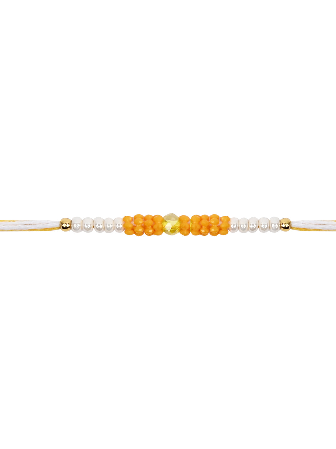 DELICATE PEARL BEADS YELLOW RAKHI WITH ROLI CHAWAL & RAKSHABANDHAN CARD