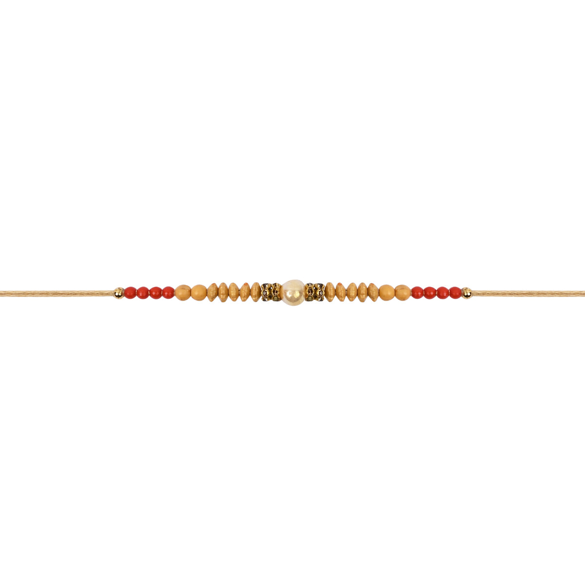 DELICATE PEARL BEADED CREAM RAKHI WITH ROLI CHAWAL & RAKSHABANDHAN CARD