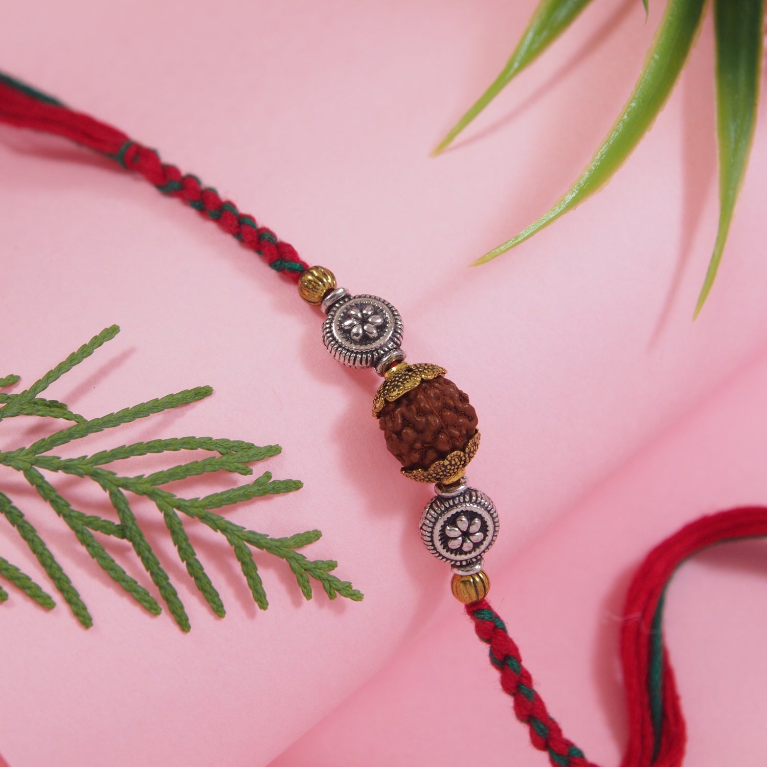 DELICATE RUDRAKSH RAKHI WITH ROLI CHAWAL & RAKSHABANDHAN CARD