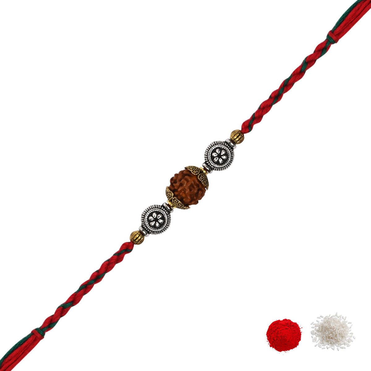 DELICATE RUDRAKSH RAKHI WITH ROLI CHAWAL & RAKSHABANDHAN CARD