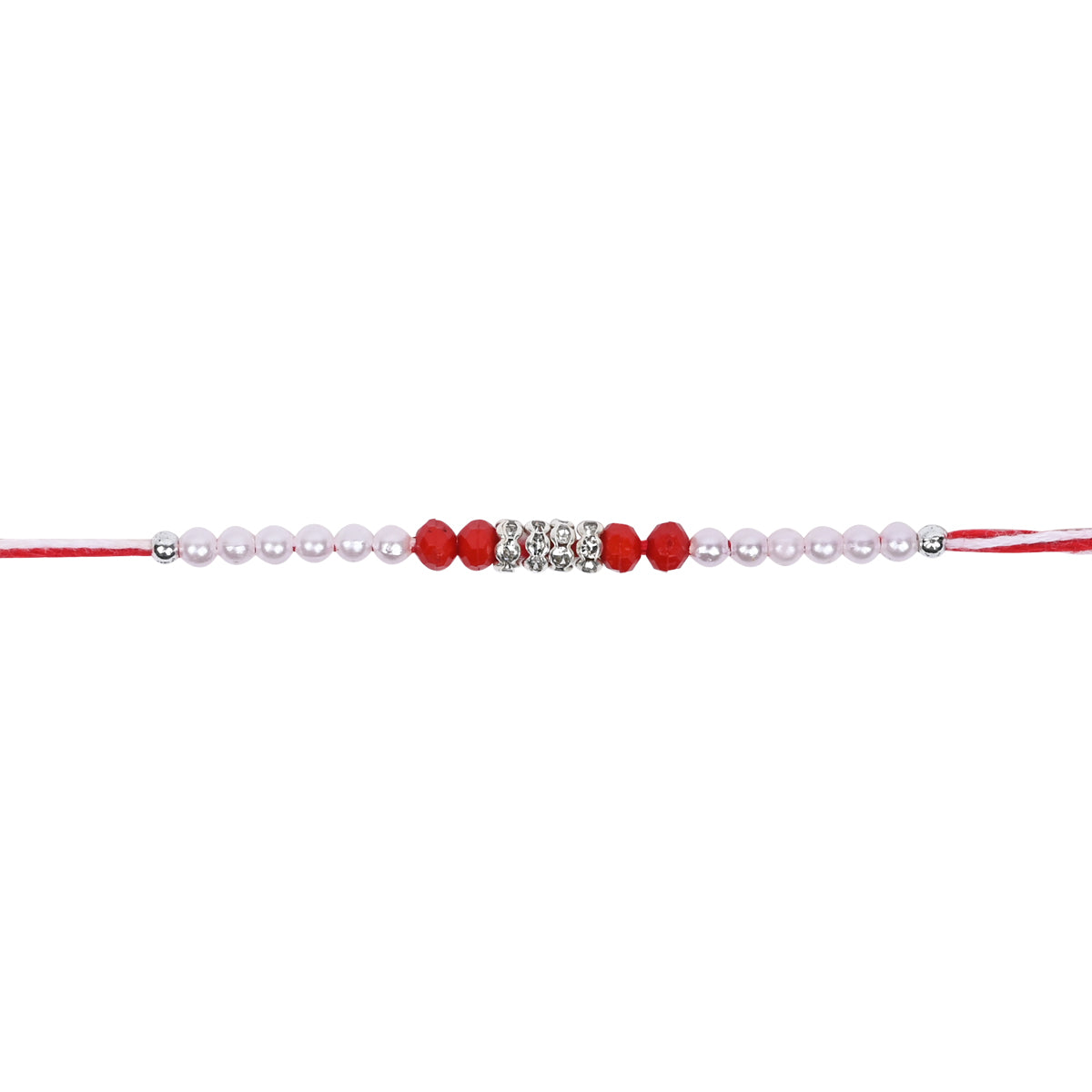 DELICATE Red PEARL BEADED RAKHI WITH ROLI CHAWAL & RAKSHABANDHAN CARD