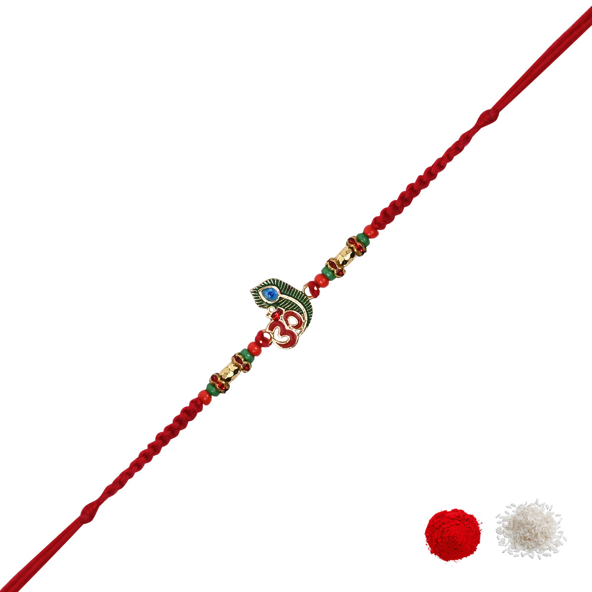 DELICATE PEARL BEADED ENAMEL RAKHI WITH ROLI CHAWAL & RAKSHABANDHAN CARD