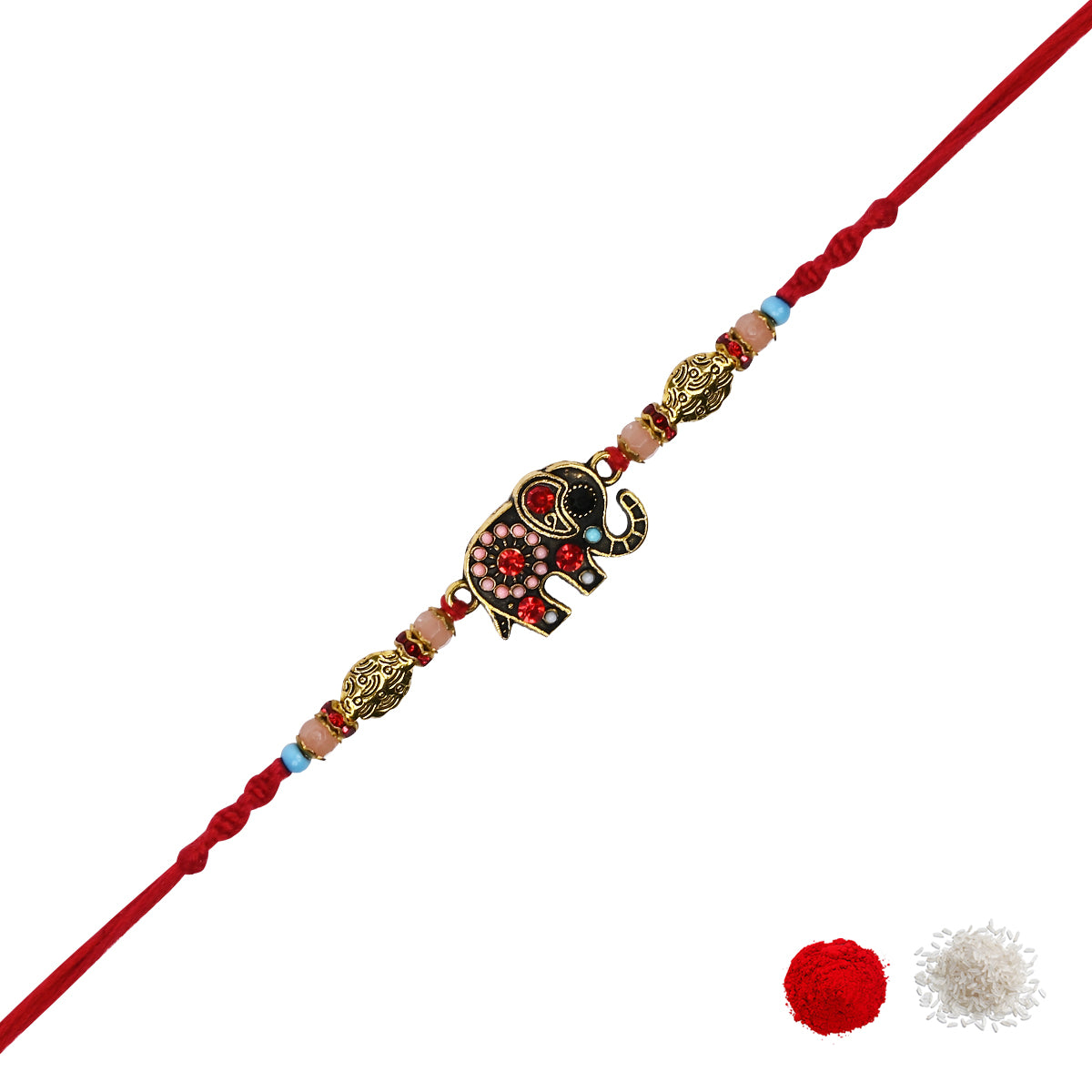 DELICATE PEARL BEADED Elephant RAKHI WITH ROLI CHAWAL & RAKSHABANDHAN CARD
