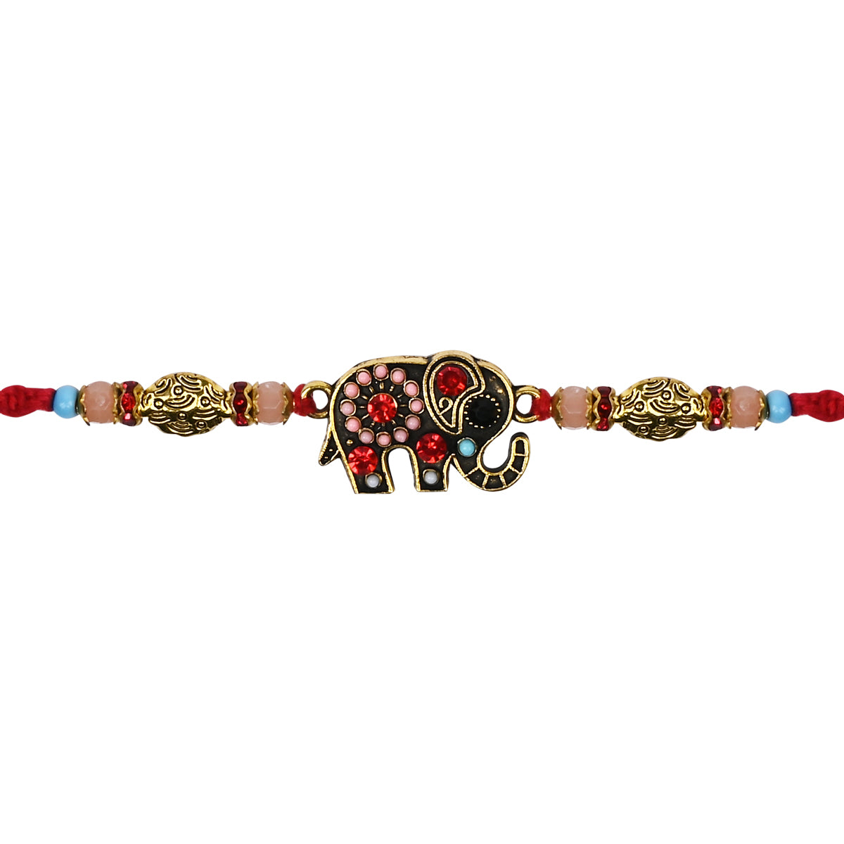 DELICATE PEARL BEADED Elephant RAKHI WITH ROLI CHAWAL & RAKSHABANDHAN CARD