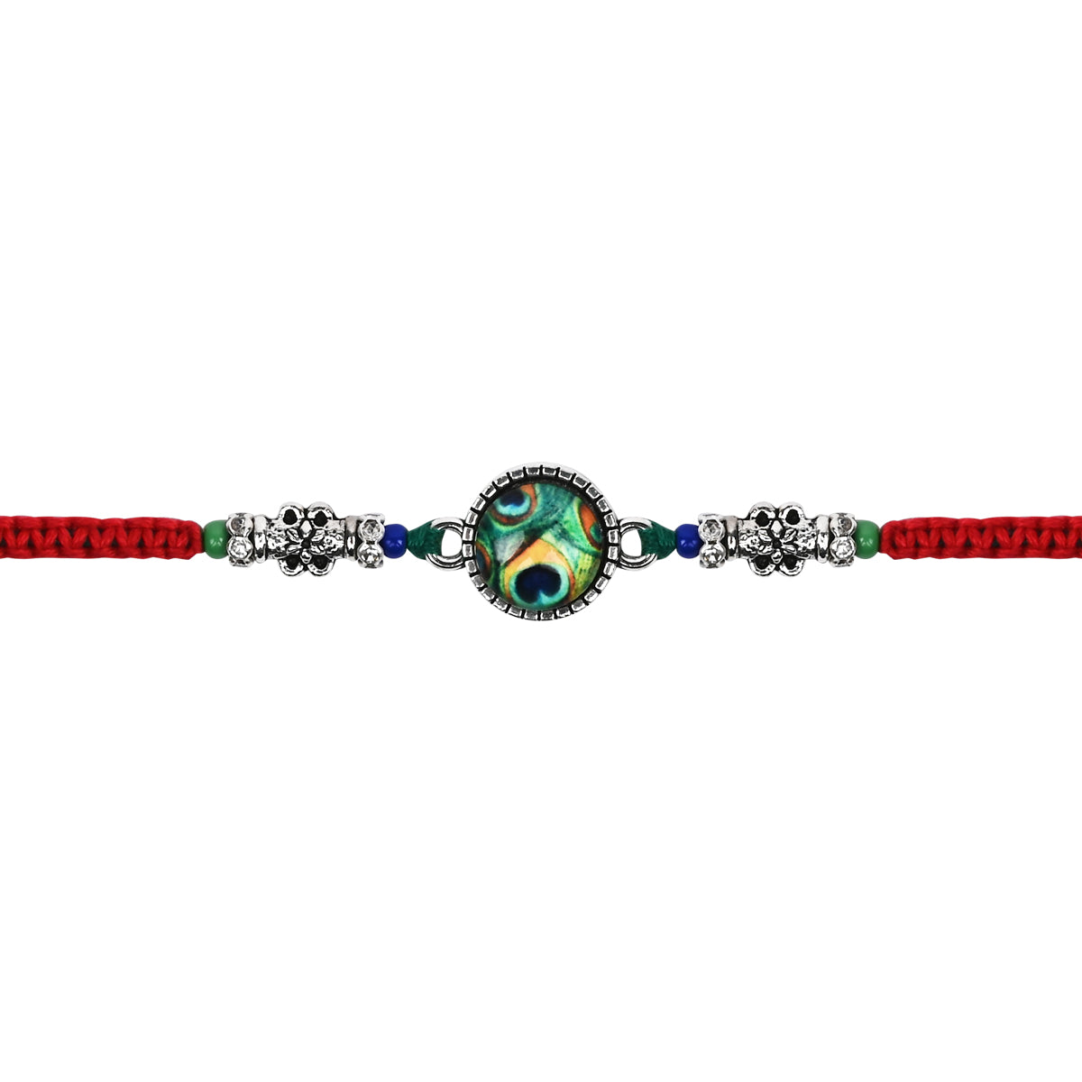 DELICATE PEARL BEADED Peacock RAKHI WITH ROLI CHAWAL & RAKSHABANDHAN CARD