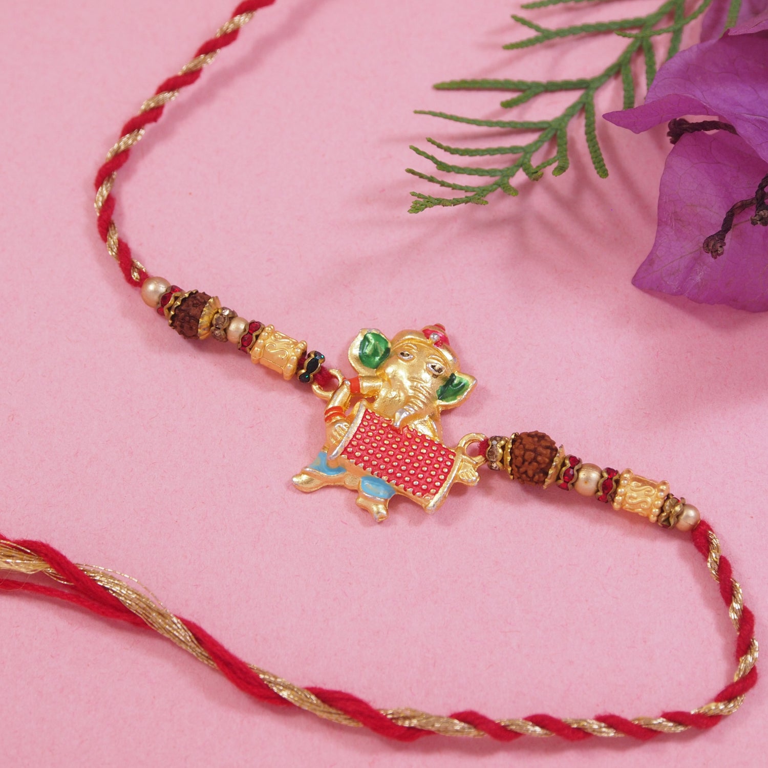 Delicate Pearl Beads Ganesha Rakhi with Roli Chawal & Rakshabandhan Card