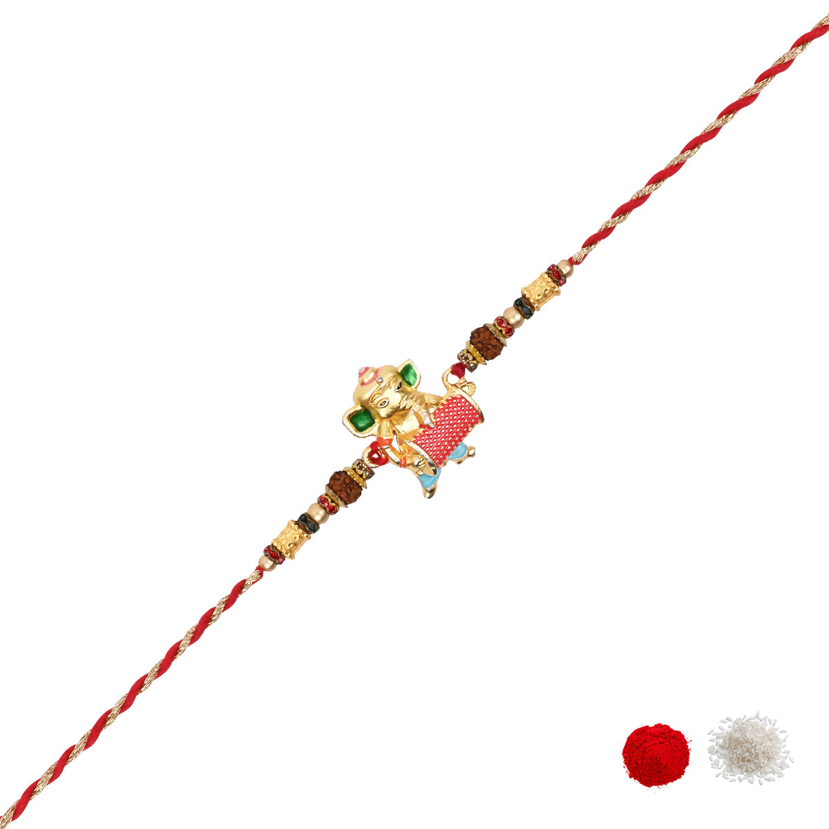 Delicate Pearl Beads Ganesha Rakhi with Roli Chawal & Rakshabandhan Card