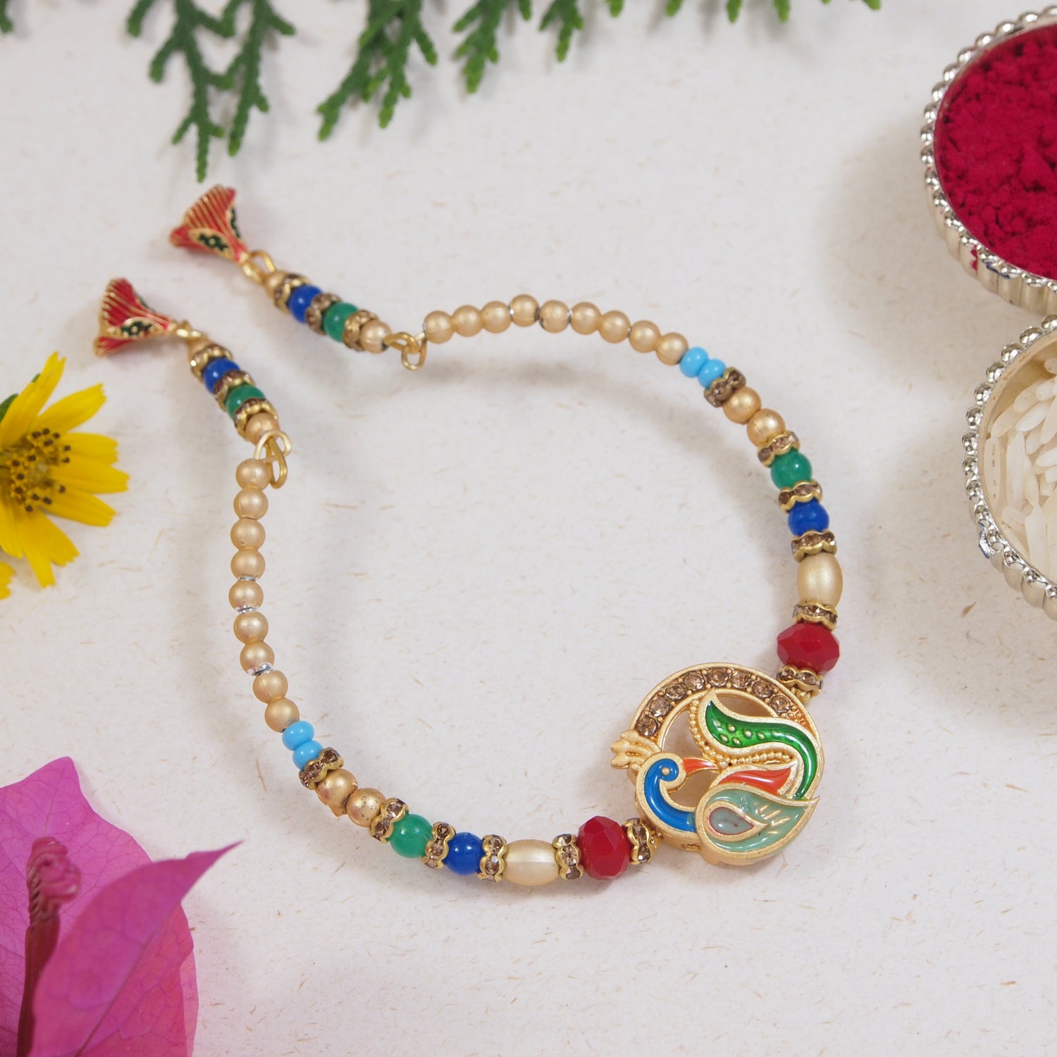 Elegantly Crafted Peacock Feather Pearl Adjustable Lumba Bracelet