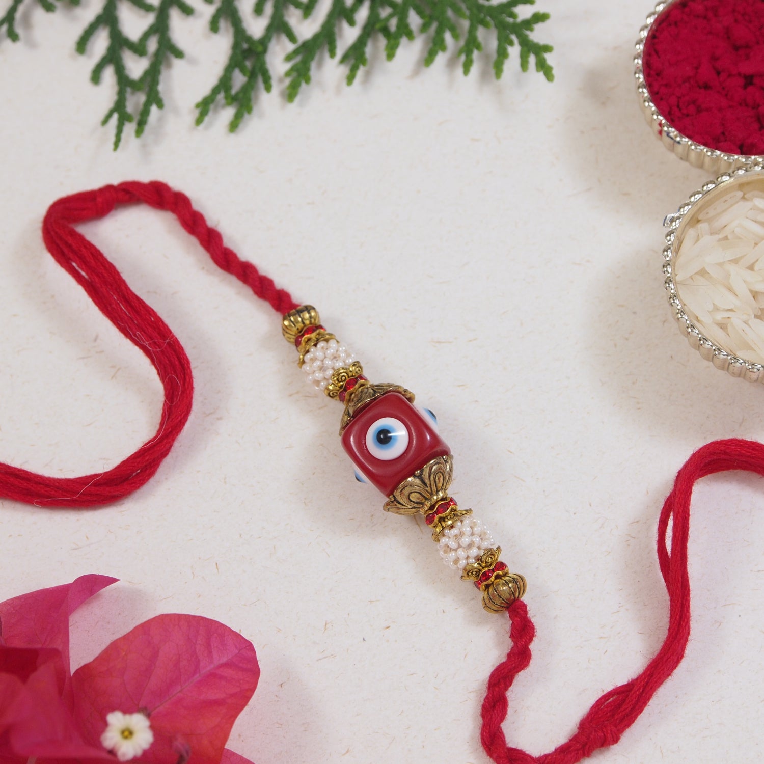 Delicate Red Enamel Evil Eye Rakhi with Roli Chawal & Rakshabandhan Card