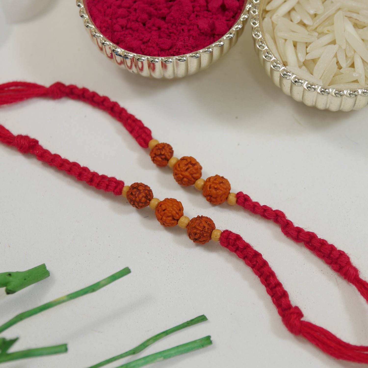 Rudraksh Beaded Rakhi Combo For Bhai - Pack of 2 with Roli Chawal and Card