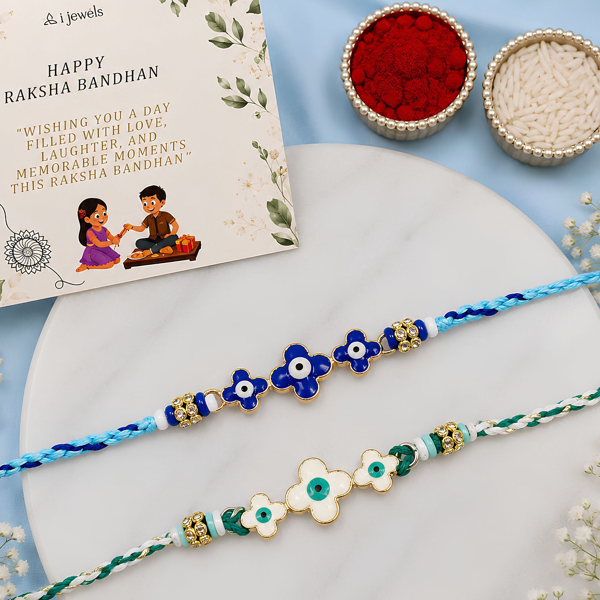 Minimalist Evil Eye Rakhis With Roli Chawal & Rakshabandhan Card (Pack of 2)