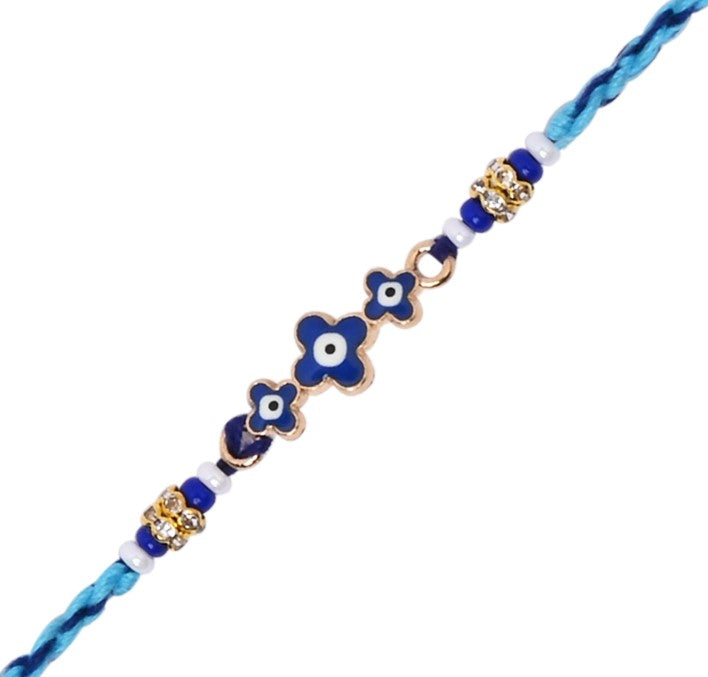 Chic Blue Enamel Evil Eye Rakhi with Roli Chawal & Rakshabandhan Card