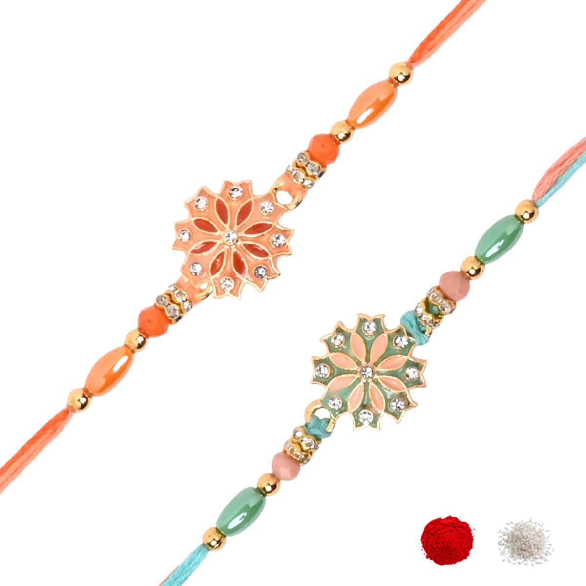 Enamel Designer Rakhi Combo for Bhai - Mint & Orange Thread with Roli Chawal