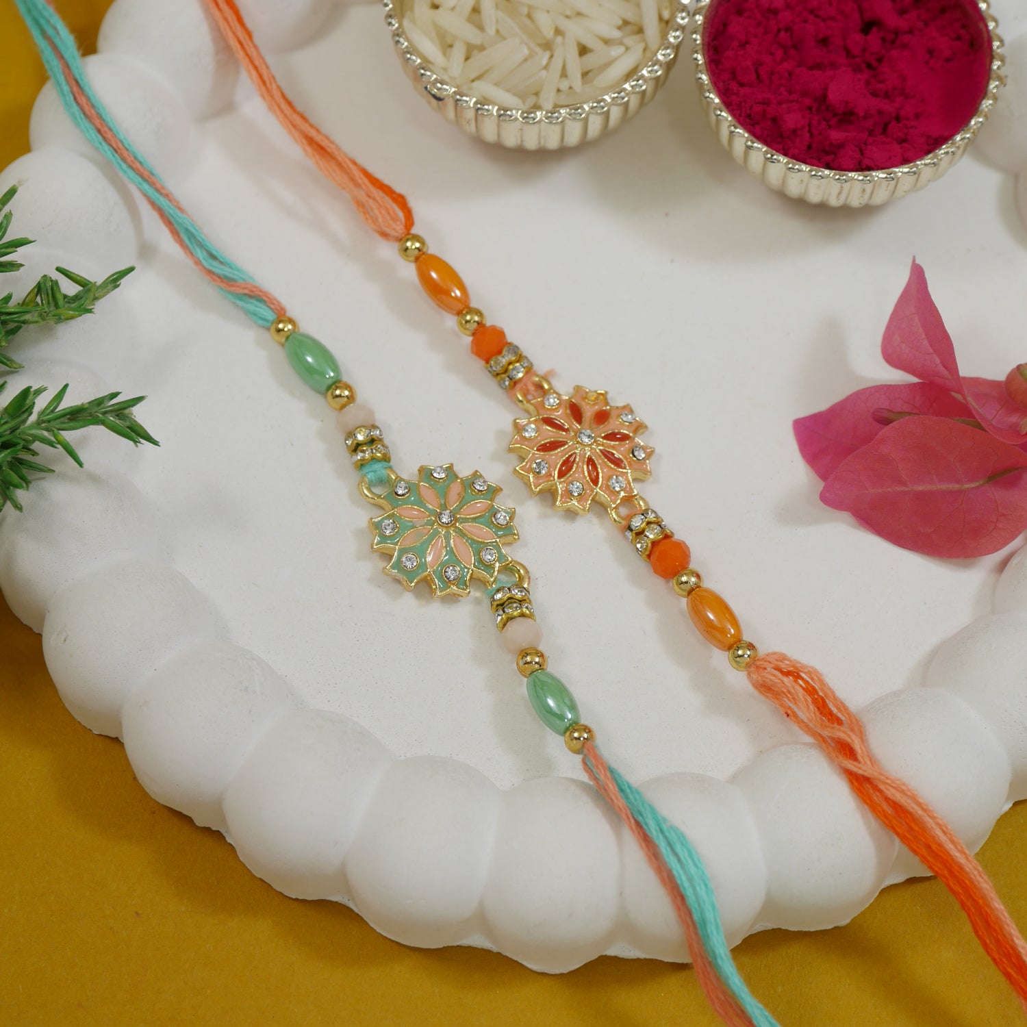 Enamel Designer Rakhi Combo for Bhai with Mint & Orange Thread