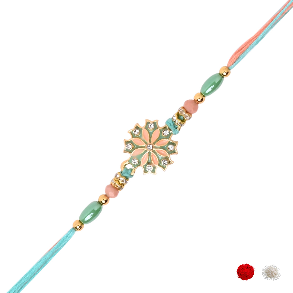Elegant Mint Enamel Floral Rakhi with Roli Chawal & Rakshabandhan Card