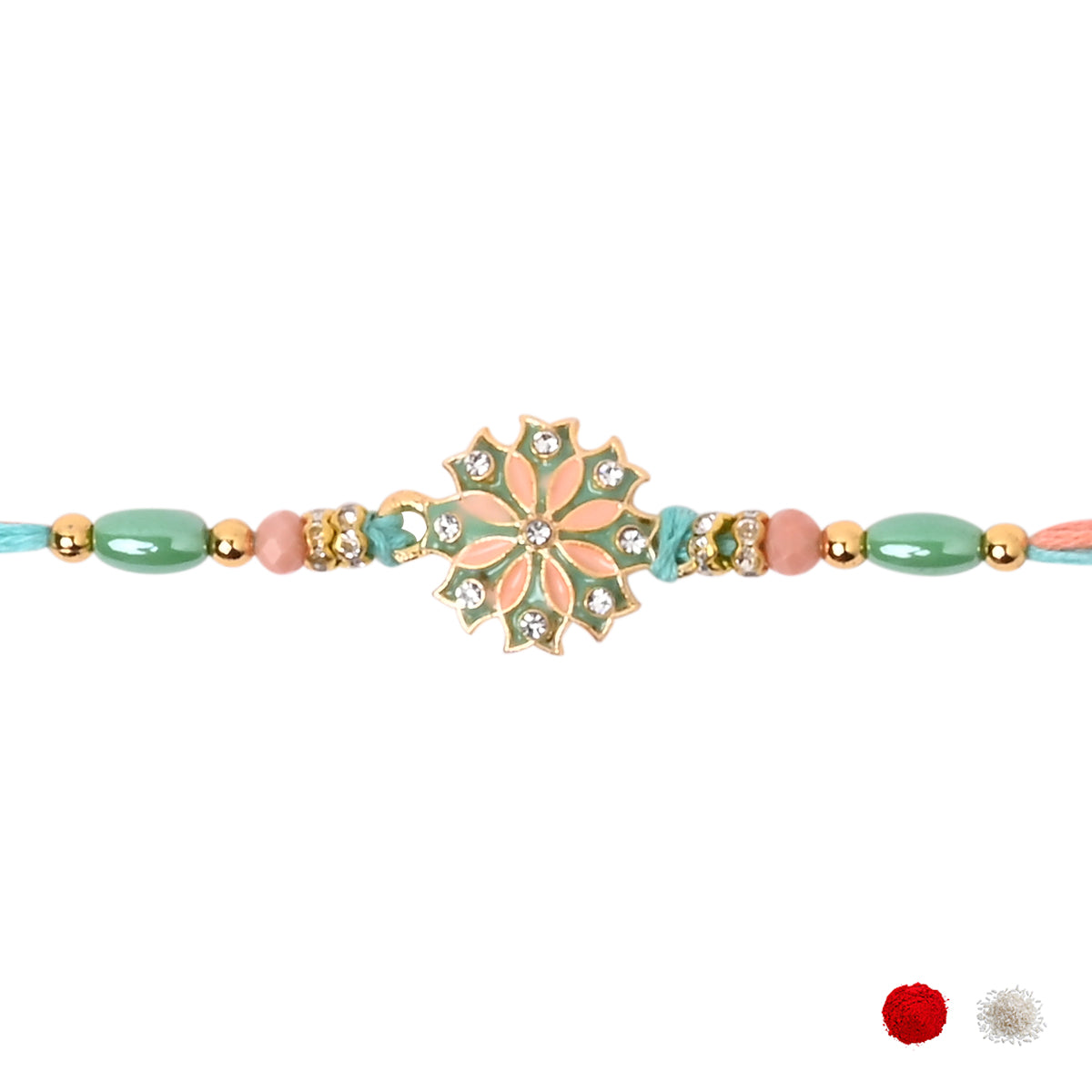 Elegant Mint Enamel Floral Rakhi with Roli Chawal & Rakshabandhan Card