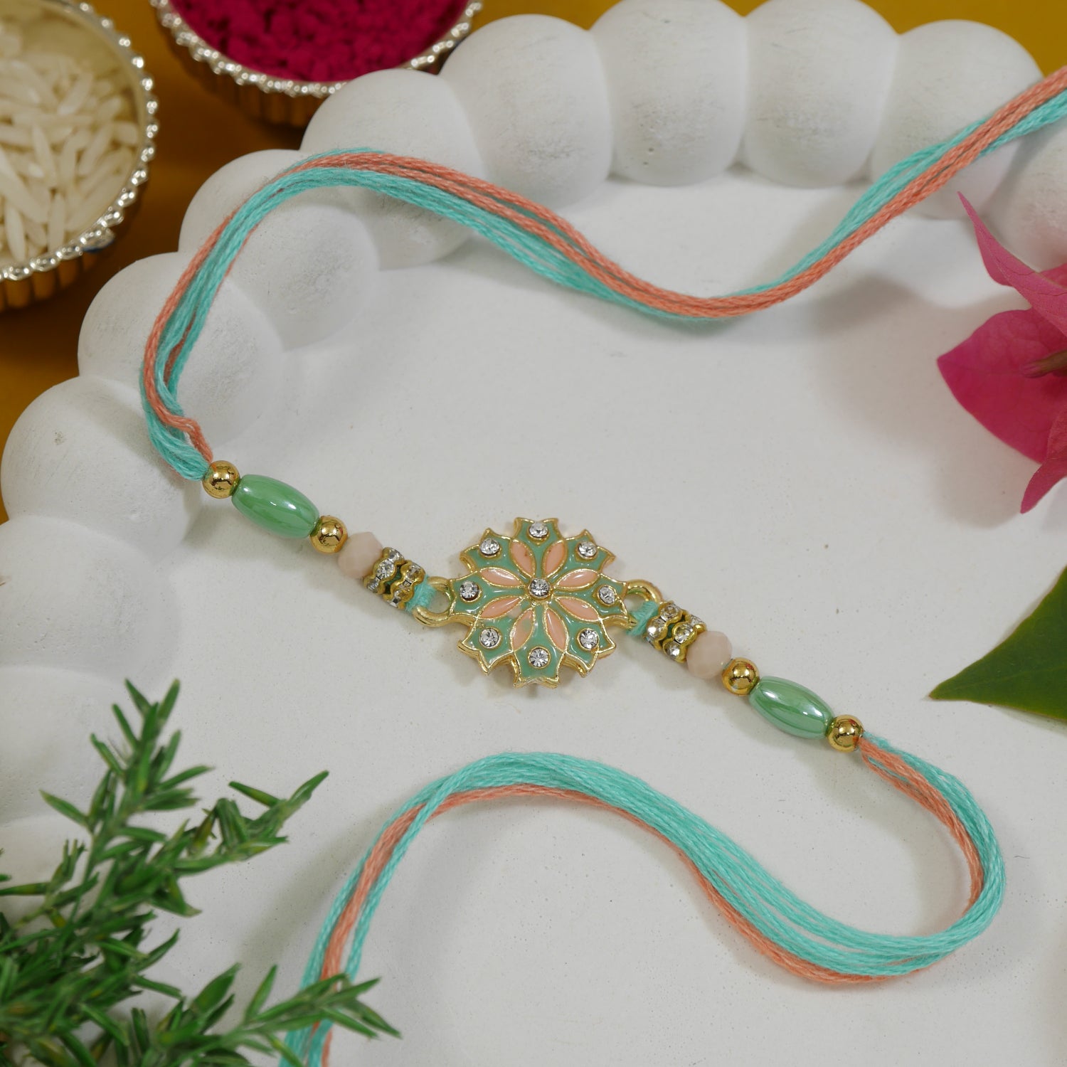 Enamel Designer Rakhi Combo for Bhai - Mint & Orange Thread with Roli Chawal